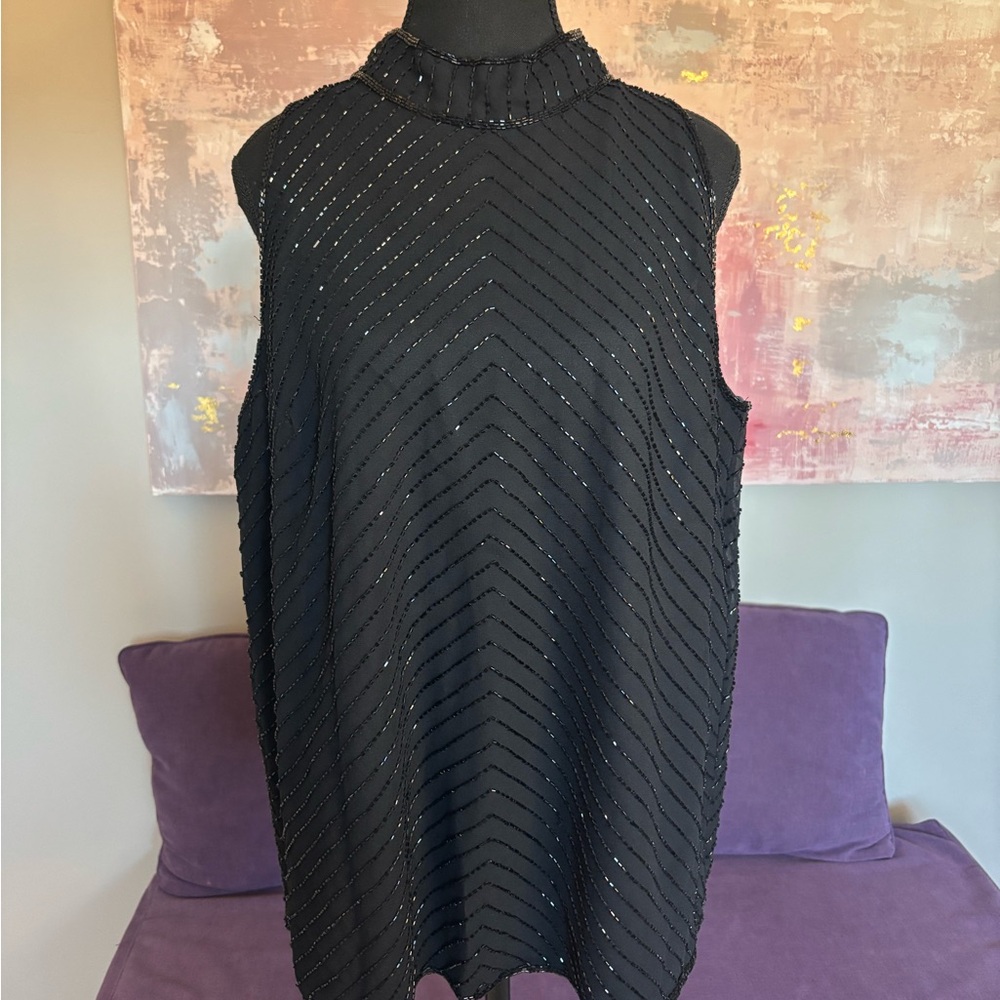 Lauri M Black Vintage Beaded Halter Top with Mock Neck and Zip Back Size 2X